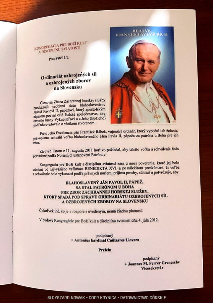 ŚW. JAN PAWEŁ II PATRONEM GÓRSKICH RATOWNIKÓW NA SŁOWACJI